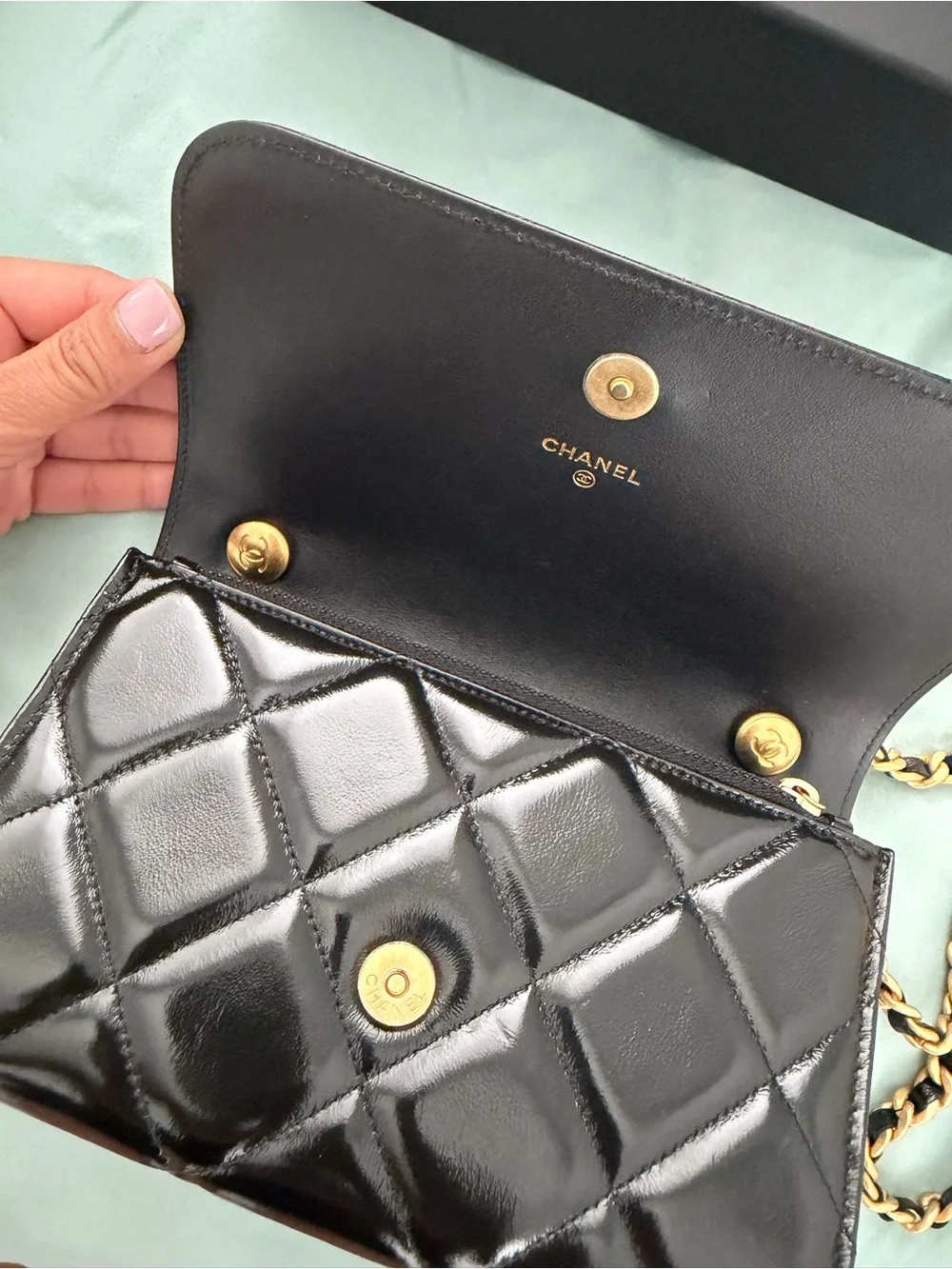 CHANEL Black Quilted Patent Leather Mini Flap with Gold Hardware